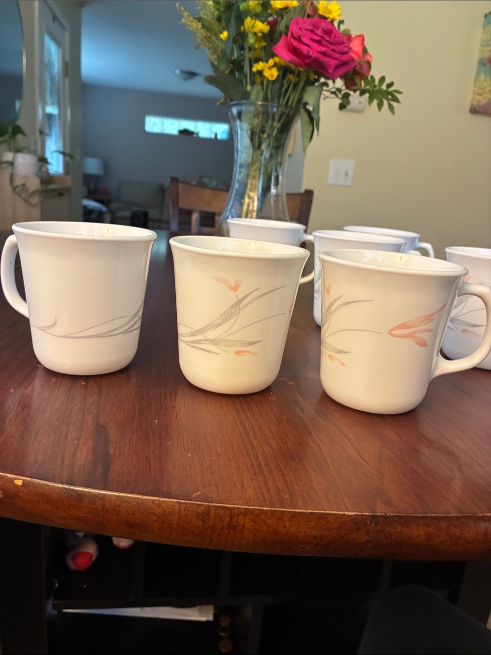Corelle “Floral Wisp” / “Desert Rose” White Ceramic Mugs - Set of 7